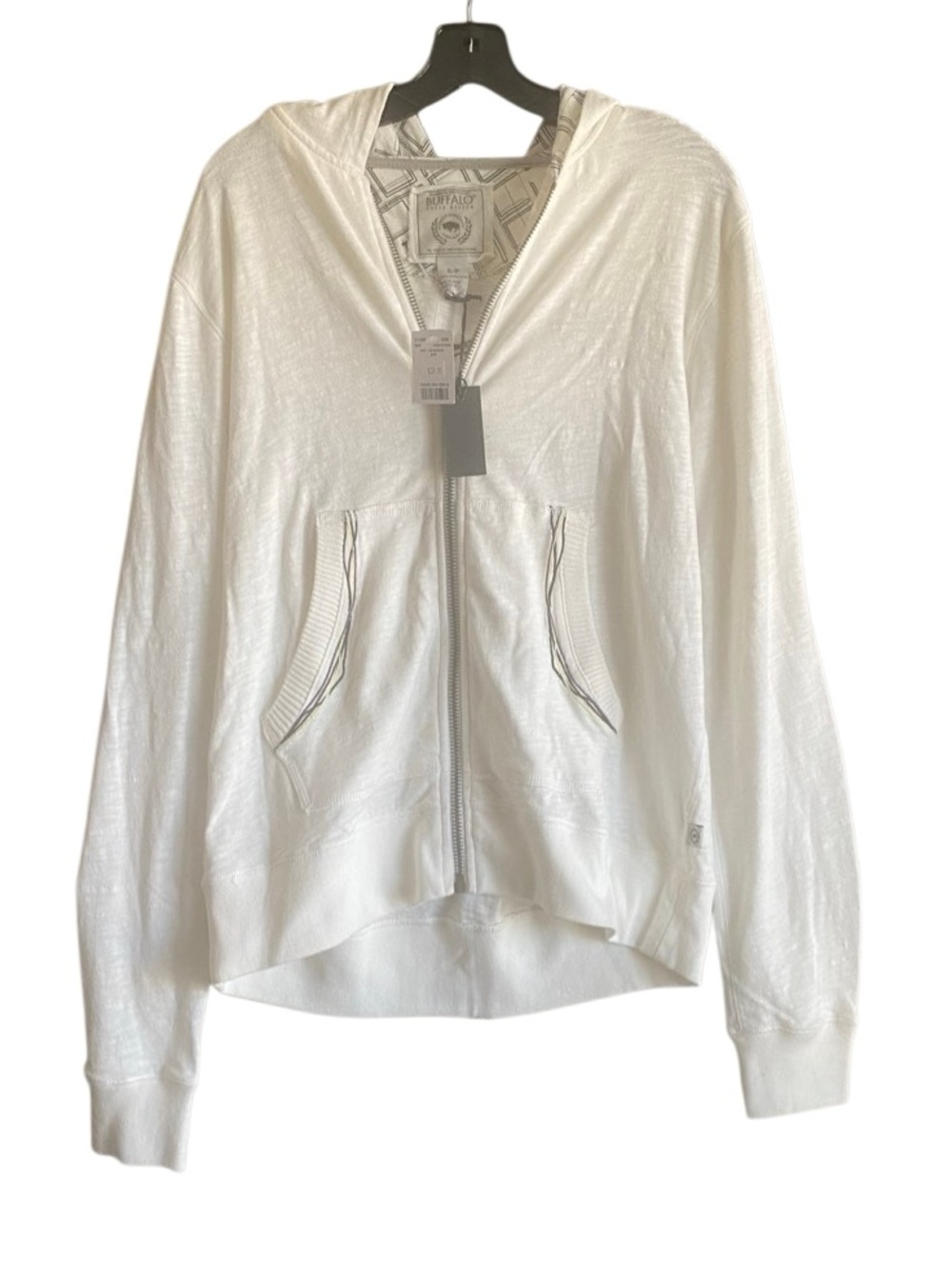 NWT Buffalo David Bitton Embroidered White Zip Down Hooded Sweat Jacket. Small